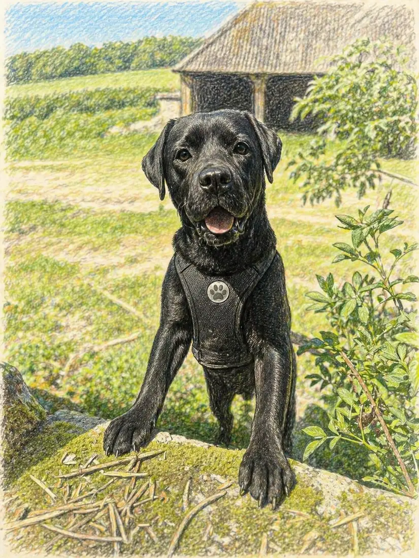 Illustration of a black labrador on the farm, harness on, barn behind