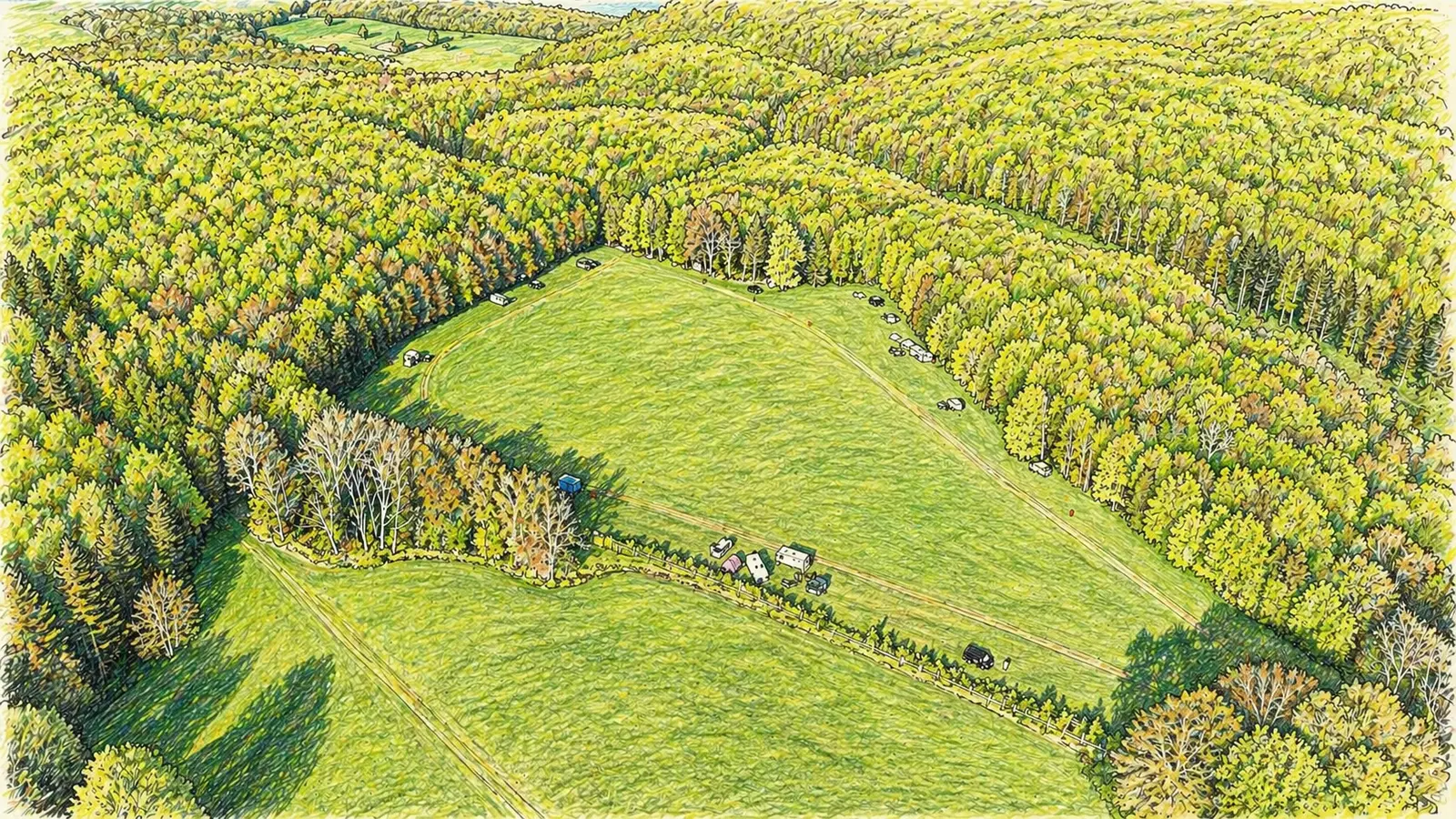 Illustration of the camping field from the air, surrounded by dense woodland