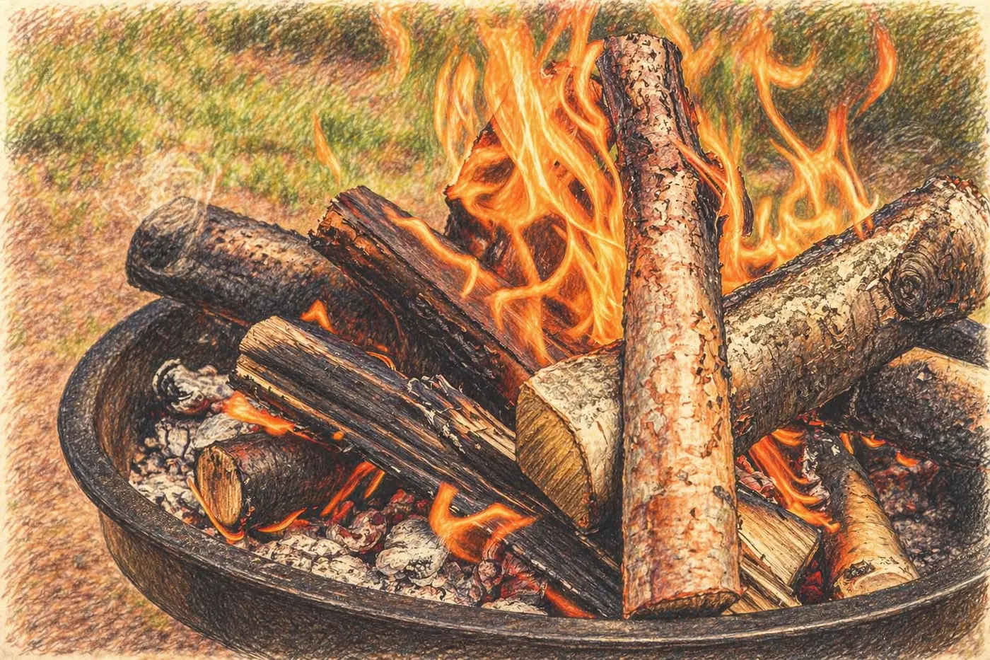 Illustration of a raised fire pit burning seasoned logs