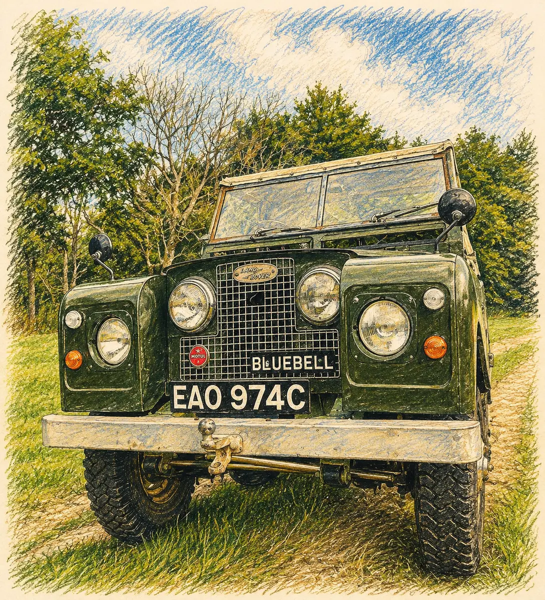 Illustration of Bluebell, the farm Land Rover, registration EAO 974C