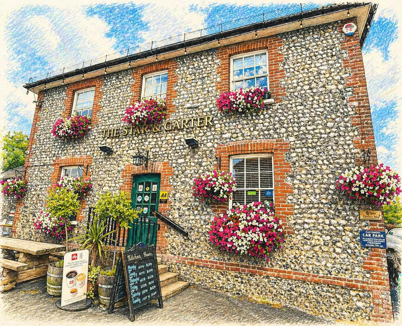 Illustration of The Star & Garter in East Dean, flint walls and hanging baskets