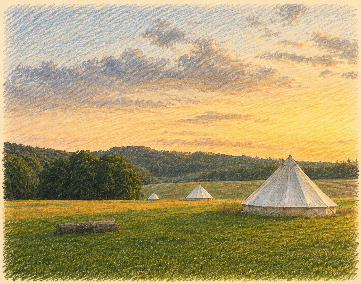 Illustration of bell tents on the field at sunset, woodland along the far edge