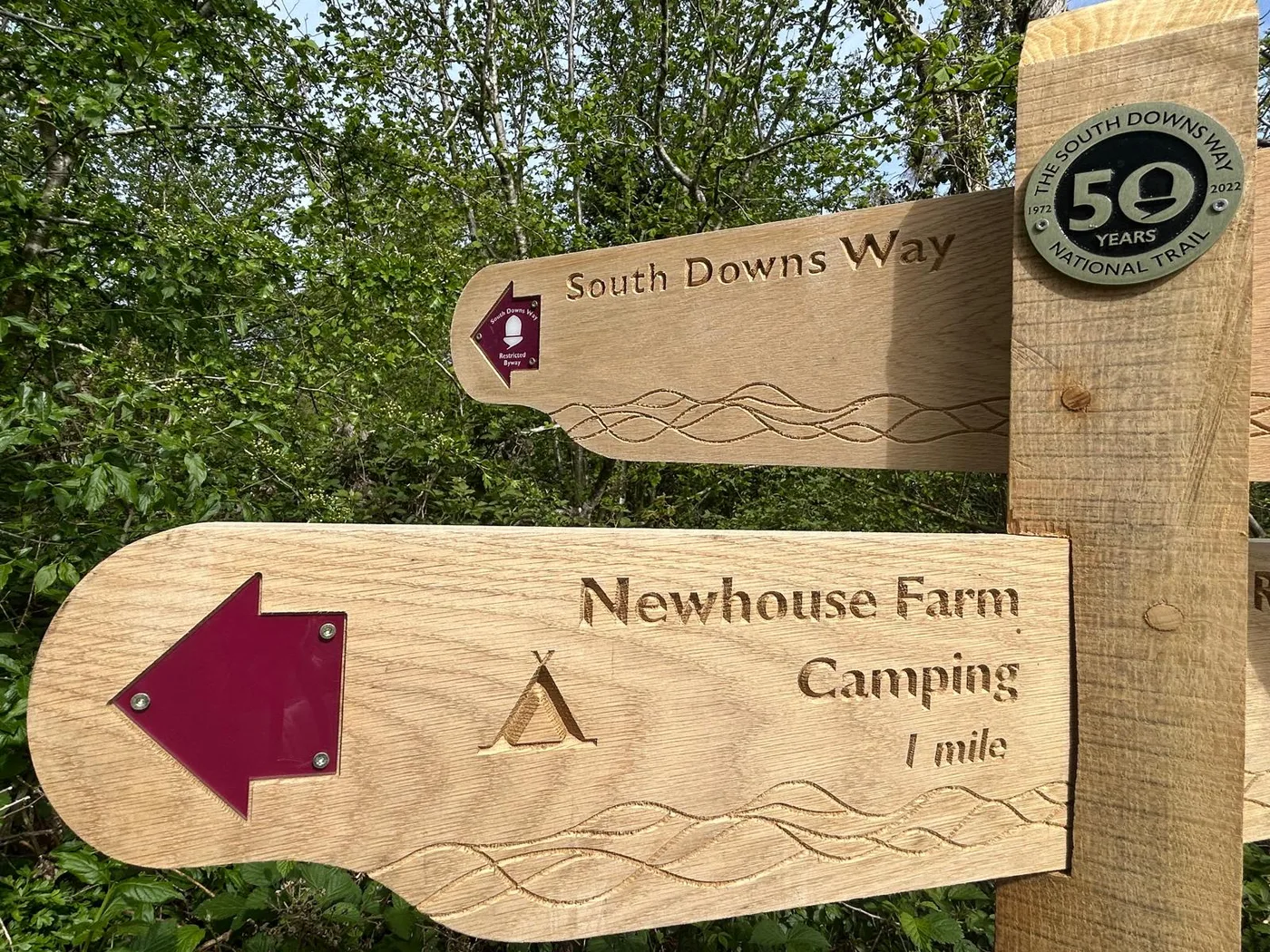 Oak fingerpost reading Newhouse Farm Camping, 1 mile, beside a South Downs Way marker